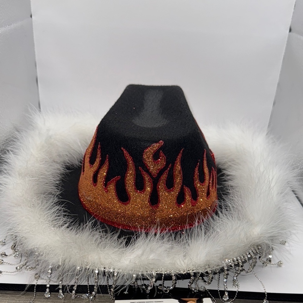 Black flame felt cowboy  hat  White Faux Fur Trim and dangling rhinestones - Picture 3 of 11